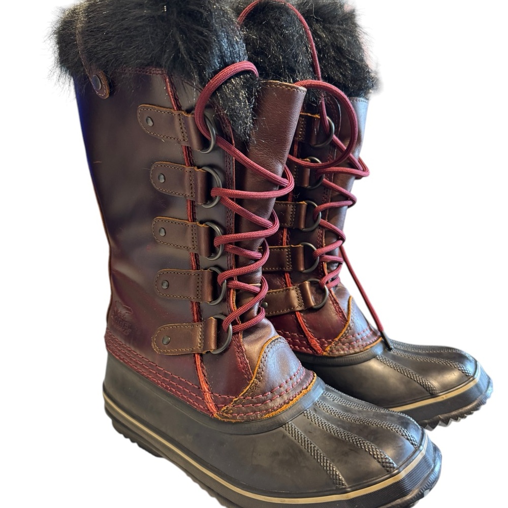 Sorel Joan of Arctic Leather Boots Faux Fur Linerd Insulated Red Womens